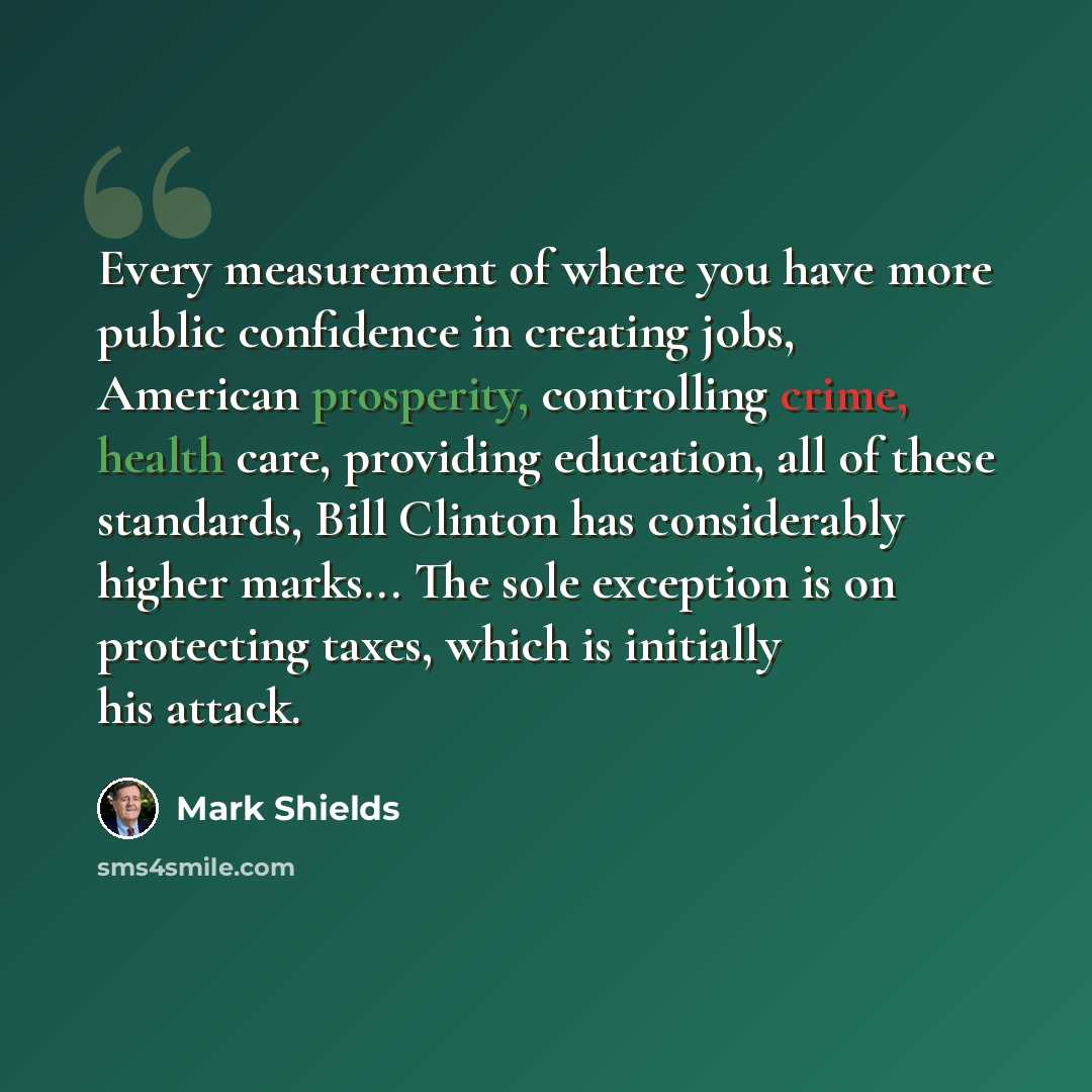 “Every measurement of where you have more public confidence in creating jobs, American prosperity, controlling crime, health care, providing education, all of these standards, Bill Clinton has considerably higher marks... The sole exception is on protecting taxes, which is initially his attack.” quote by Mark Shields