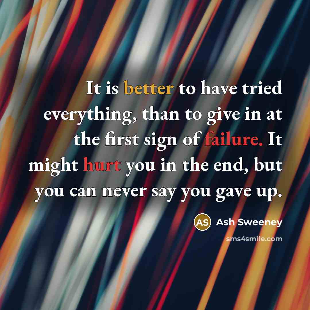 “It is better to have tried everything, than to give in at the first sign of failure. It might hurt you in the end, but you can never say you gave up.” quote by Ash Sweeney