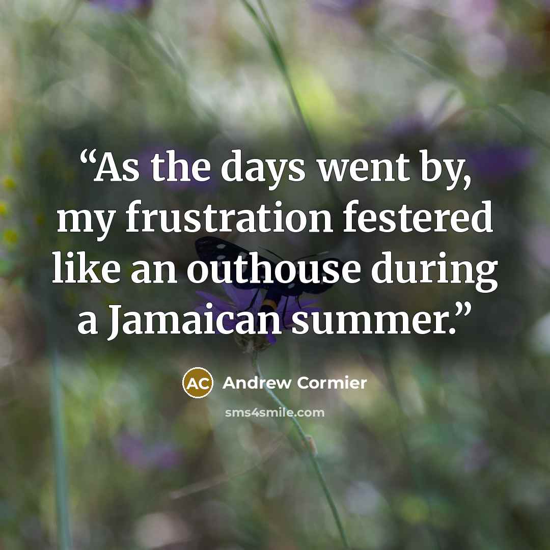 “As the days went by, my frustration festered like an outhouse during a Jamaican summer.” quote by Andrew Cormier