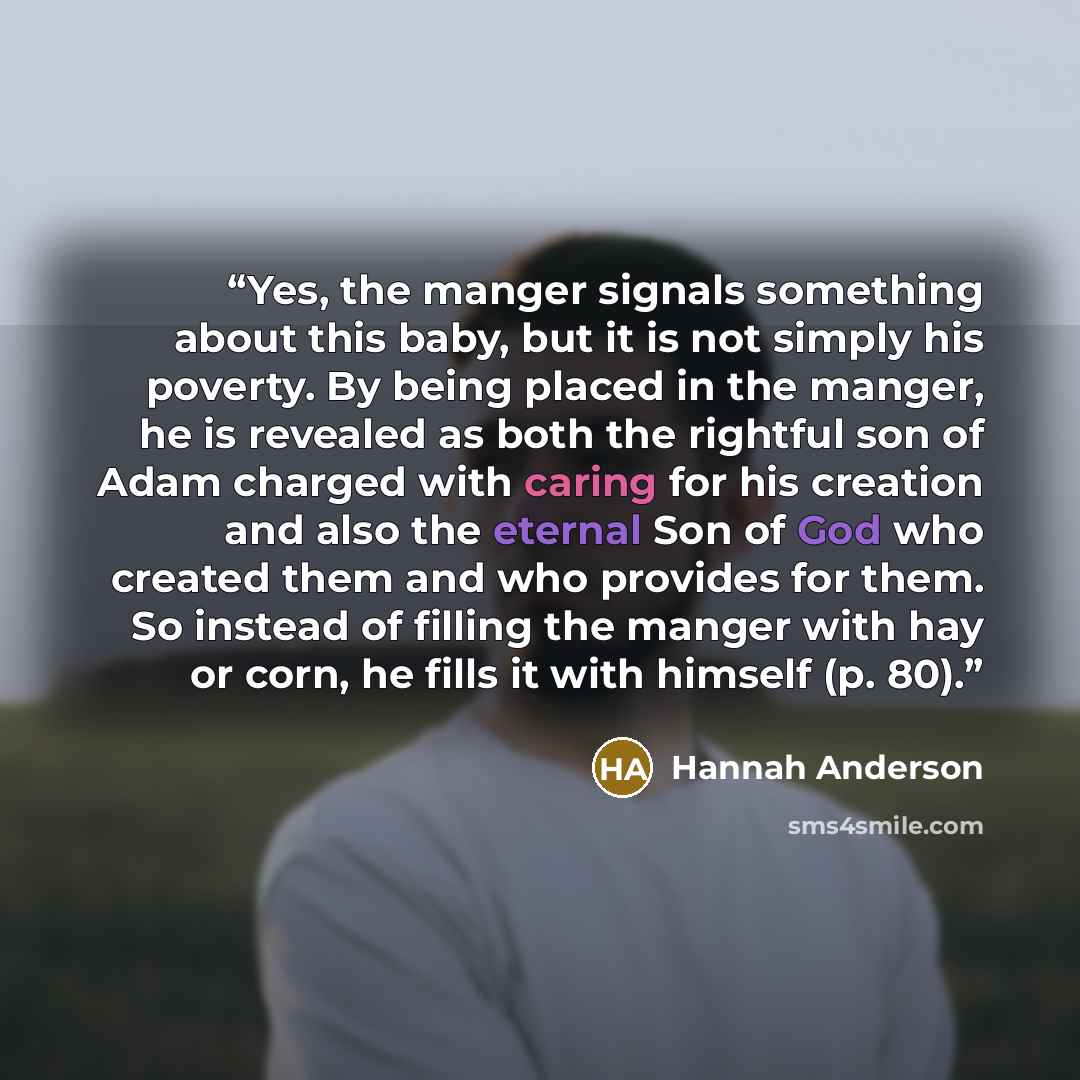 “Yes, the manger signals something about this baby, but it is not simply his poverty. By being placed in the manger, he is revealed as both the rightful son of Adam charged with caring for his creation and also the eternal Son of God who created them and who provides for them. So instead of filling…” quote by Hannah Anderson