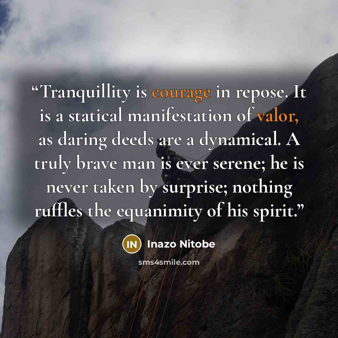 “Tranquillity is courage in repose. It is a statical manifestation of valor, as daring deeds are a dynamical. A truly brave man is ever serene; he is never taken by surprise; nothing ruffles the equanimity of his spirit.” quote by Inazo Nitobe