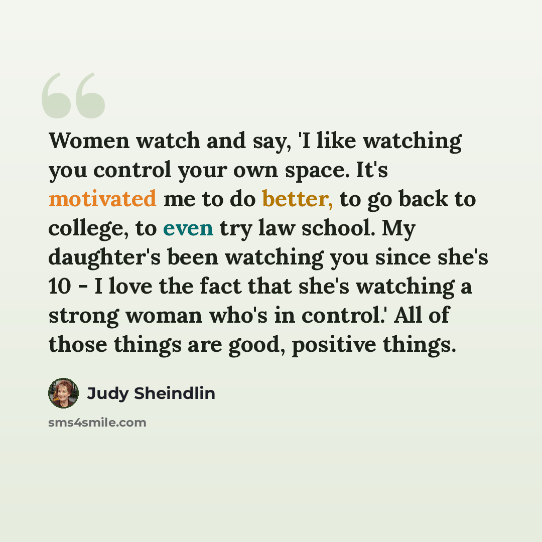 “Women watch and say, 'I like watching you control your own space. It's motivated me to do better, to go back to college, to even try law school. My daughter's been watching you since she's 10 - I love the fact that she's watching a strong woman who's in control.' All of those things are good…” quote by Judy Sheindlin