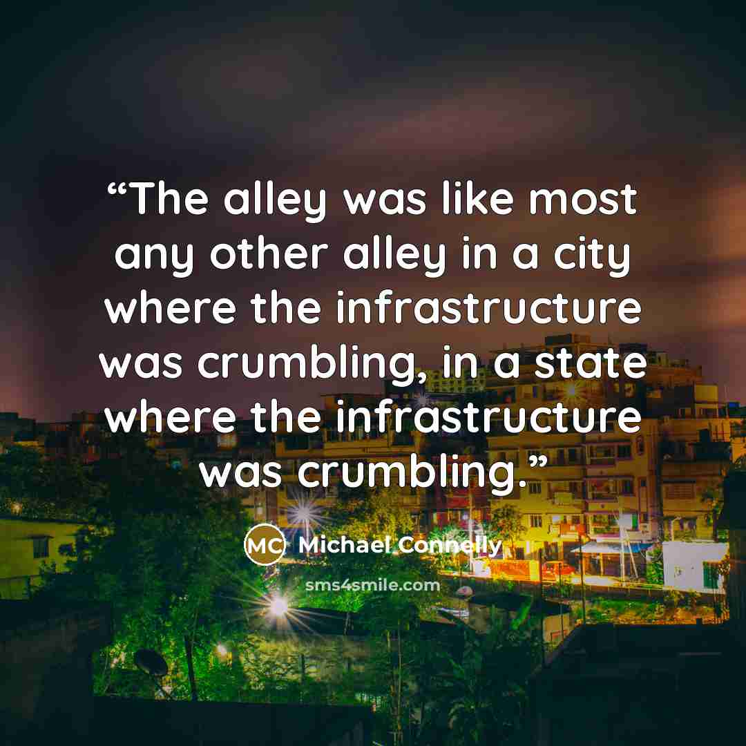 “The alley was like most any other alley in a city where the infrastructure was crumbling, in a state where the infrastructure was crumbling.” quote by Michael Connelly