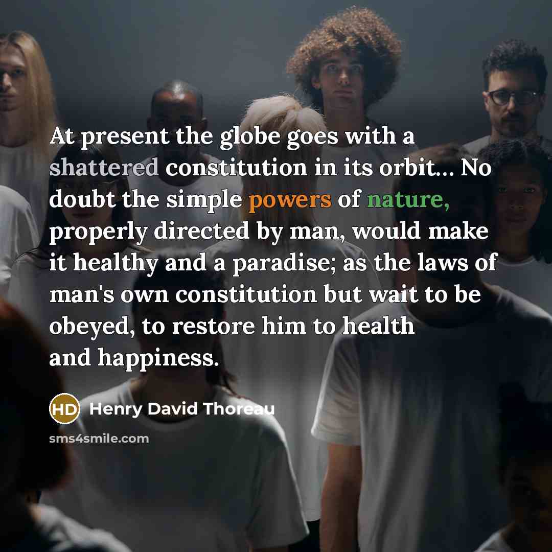 “At present the globe goes with a shattered constitution in its orbit… No doubt the simple powers of nature, properly directed by man, would make it healthy and a paradise; as the laws of man's own constitution but wait to be obeyed, to restore him to health and happiness.” quote by Henry David Thoreau