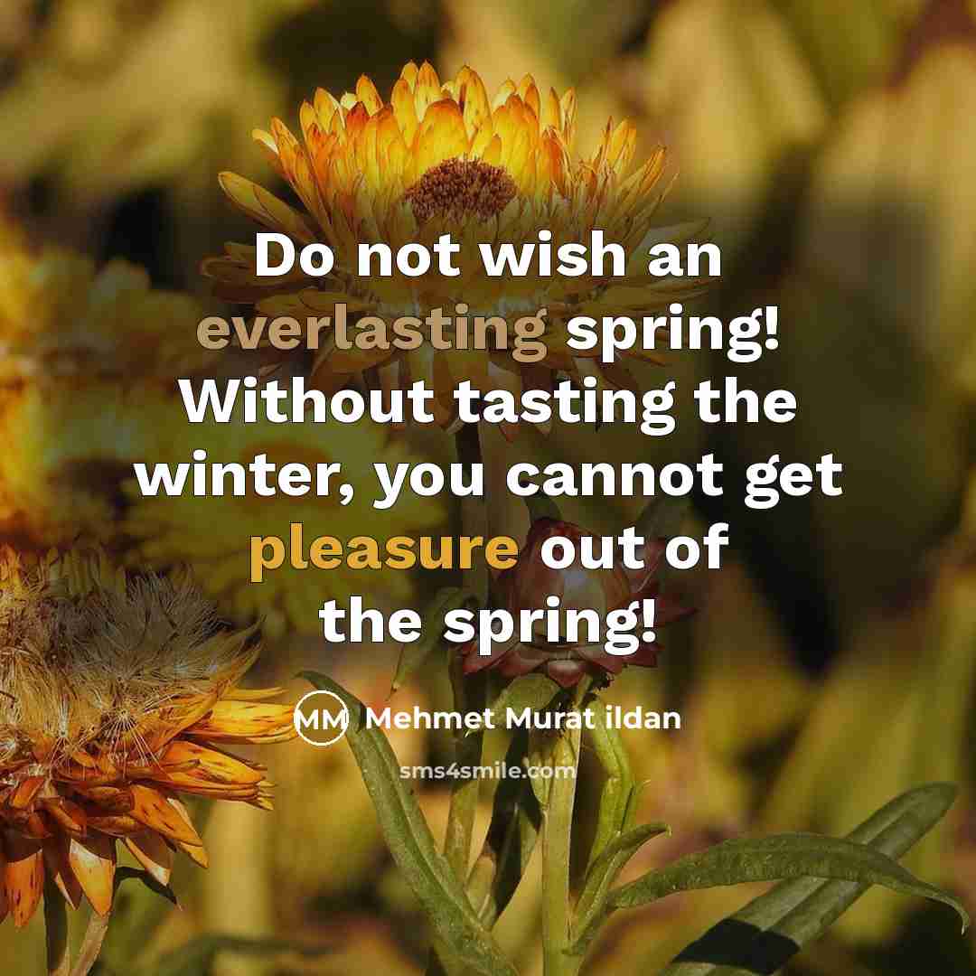 “Do not wish an everlasting spring! Without tasting the winter, you cannot get pleasure out of the spring!” quote by Mehmet Murat Ildan