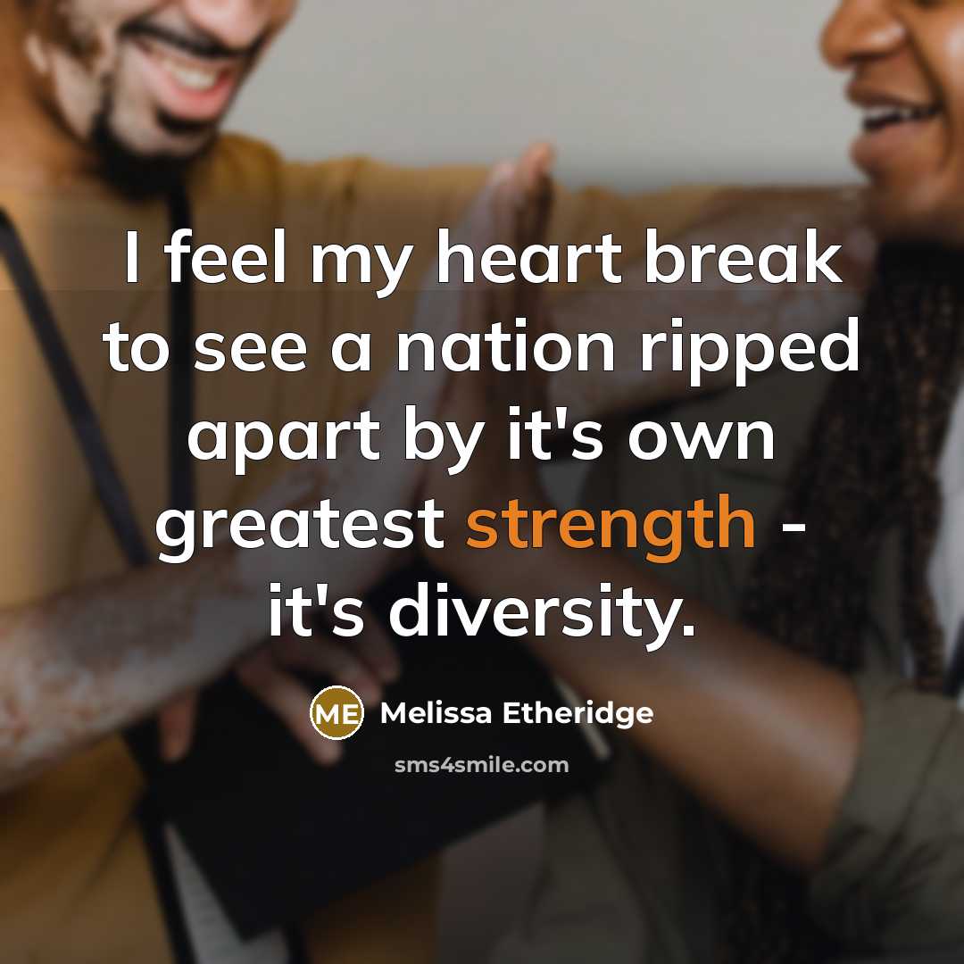 “I feel my heart break to see a nation ripped apart by it's own greatest strength - it's diversity.” quote by Melissa Etheridge