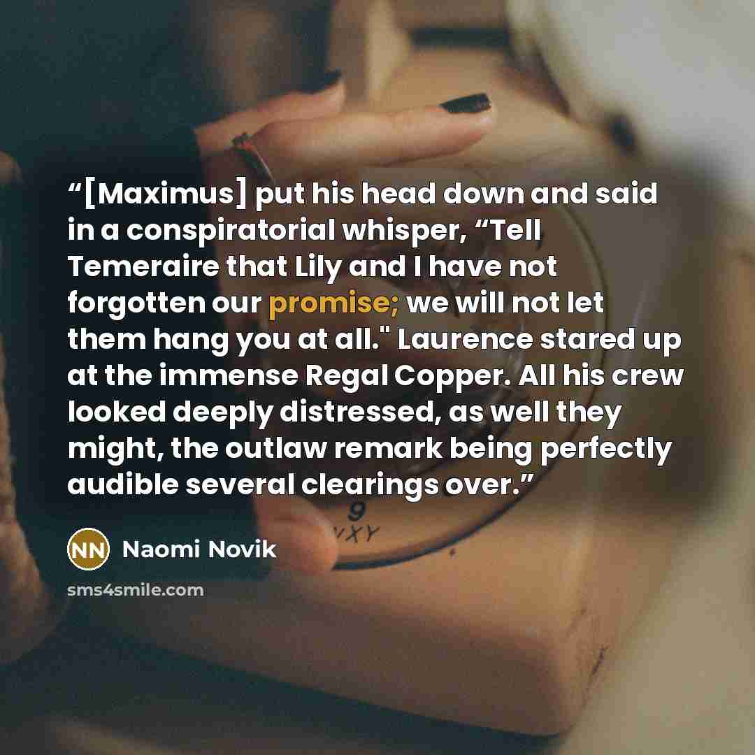 “[Maximus] put his head down and said in a conspiratorial whisper, “Tell Temeraire that Lily and I have not forgotten our promise; we will not let them hang you at all." Laurence stared up at the immense Regal Copper. All his crew looked deeply distressed, as well they might, the outlaw remark…” quote by Naomi Novik