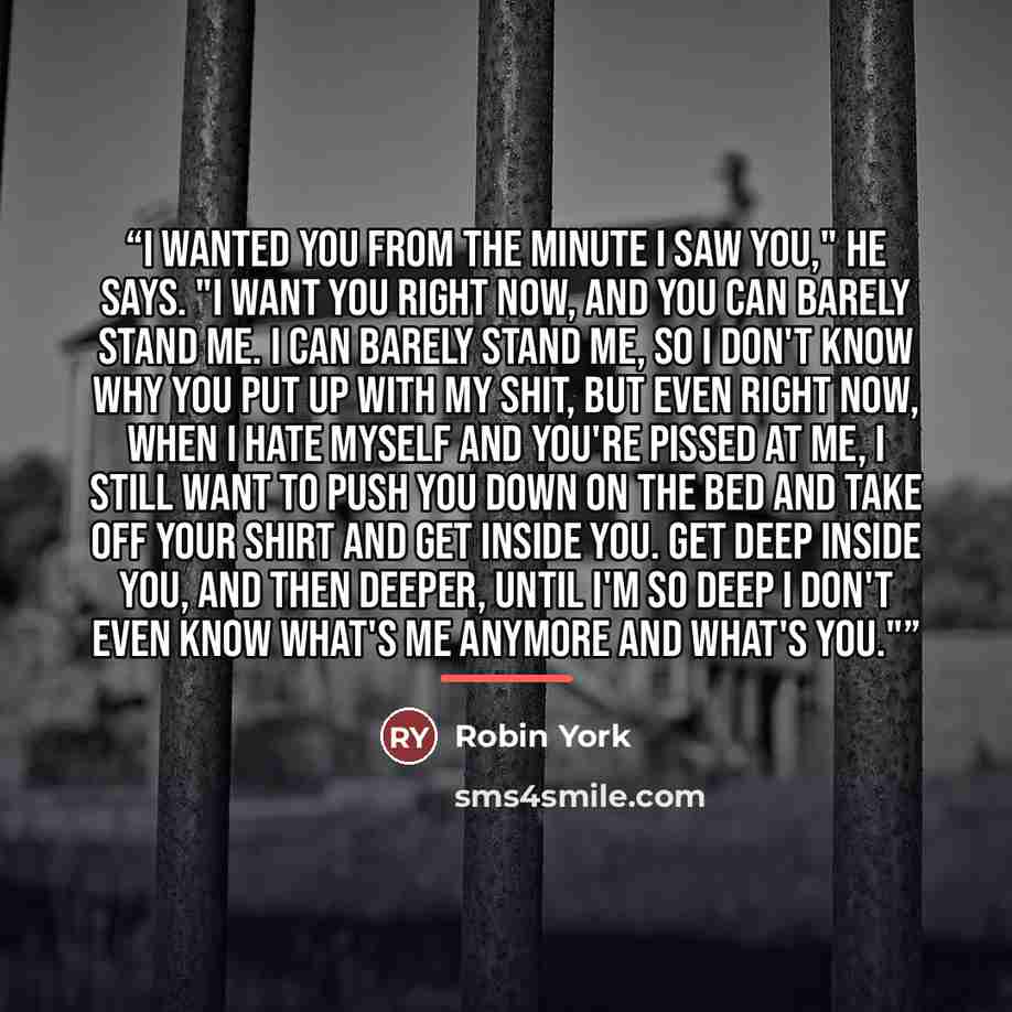 “I wanted you from the minute I saw you," he says. "I want you right now, and you can barely stand me. I can barely stand me, so I don't know why you put up with my shit, but even right now, when I hate myself and you're pissed at me, I still want to push you down on the bed and take off your shirt…” quote by Robin York