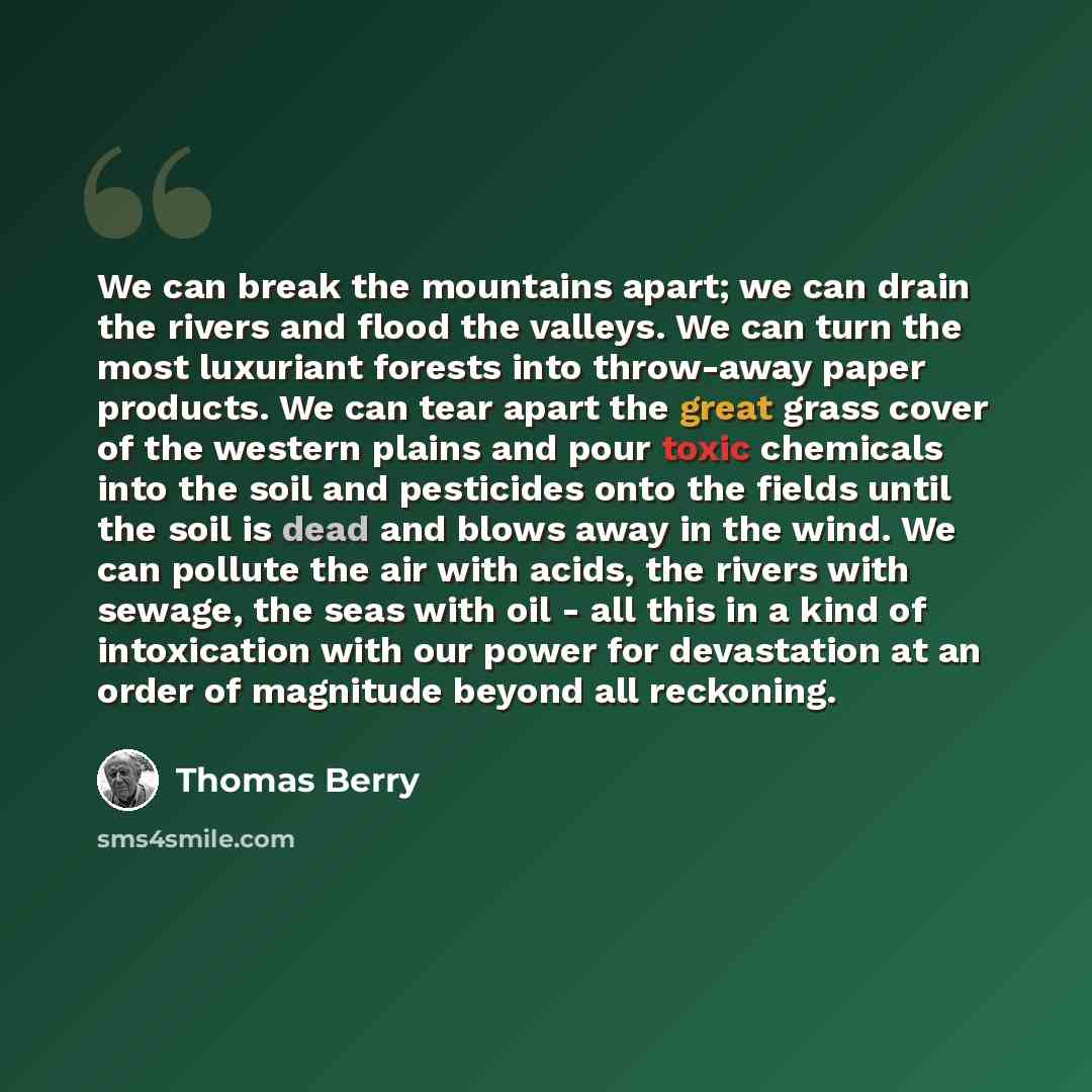 “We can break the mountains apart; we can drain the rivers and flood the valleys. We can turn the most luxuriant forests into throw-away paper products. We can tear apart the great grass cover of the western plains and pour toxic chemicals into the soil and pesticides onto the fields until the soil…” quote by Thomas Berry