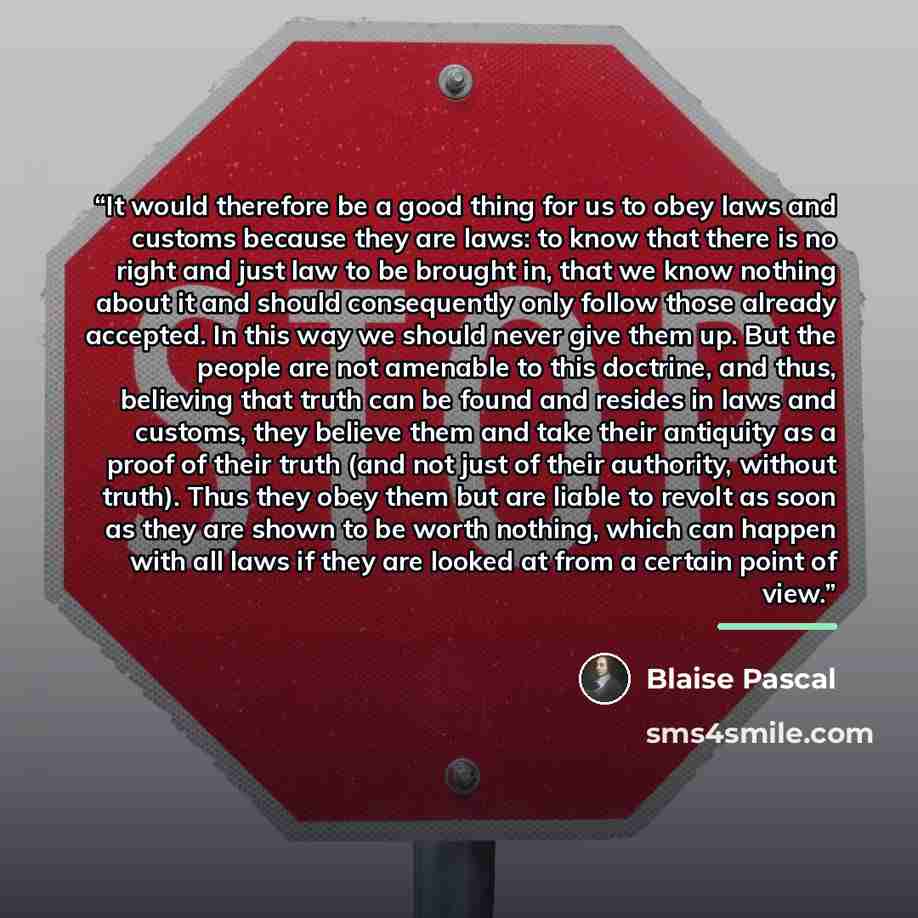 “It would therefore be a good thing for us to obey laws and customs because they are laws: to know that there is no right and just law to be brought in, that we know nothing about it and should consequently only follow those already accepted. In this way we should never give them up. But the people…” quote by Blaise Pascal