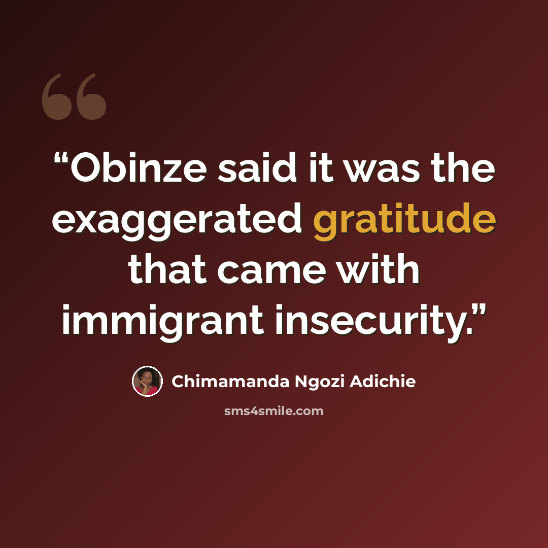 “Obinze said it was the exaggerated gratitude that came with immigrant insecurity.” quote by Chimamanda Ngozi Adichie