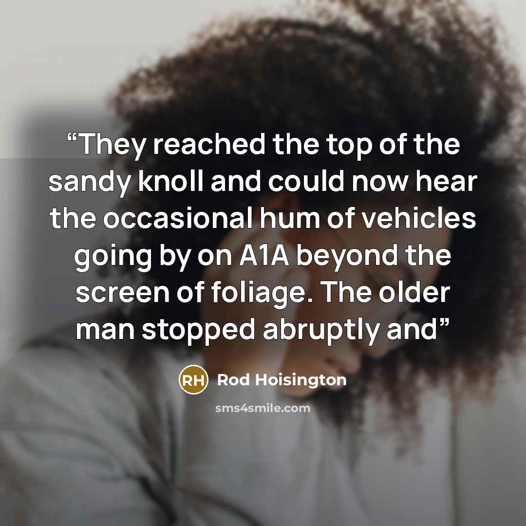 “They reached the top of the sandy knoll and could now hear the occasional hum of vehicles going by on A1A beyond the screen of foliage. The older man stopped abruptly and” quote by Rod Hoisington