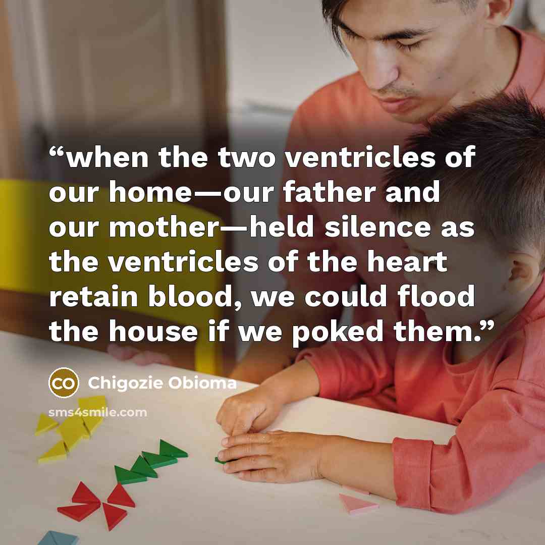 “when the two ventricles of our home—our father and our mother—held silence as the ventricles of the heart retain blood, we could flood the house if we poked them.” quote by Chigozie Obioma