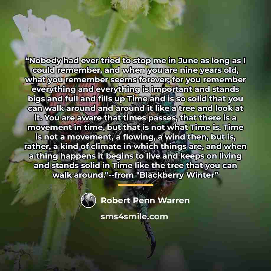 “Nobody had ever tried to stop me in June as long as I could remember, and when you are nine years old, what you remember seems forever; for you remember everything and everything is important and stands bigs and full and fills up Time and is so solid that you can walk around and around it like a…” quote by Robert Penn Warren