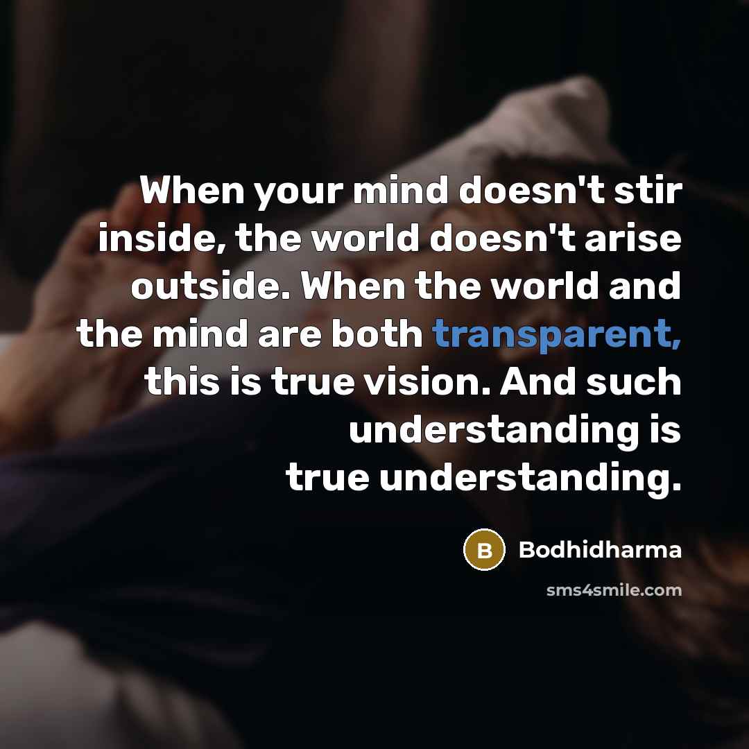 “When your mind doesn't stir inside, the world doesn't arise outside. When the world and the mind are both transparent, this is true vision. And such understanding is true understanding.” quote by Bodhidharma