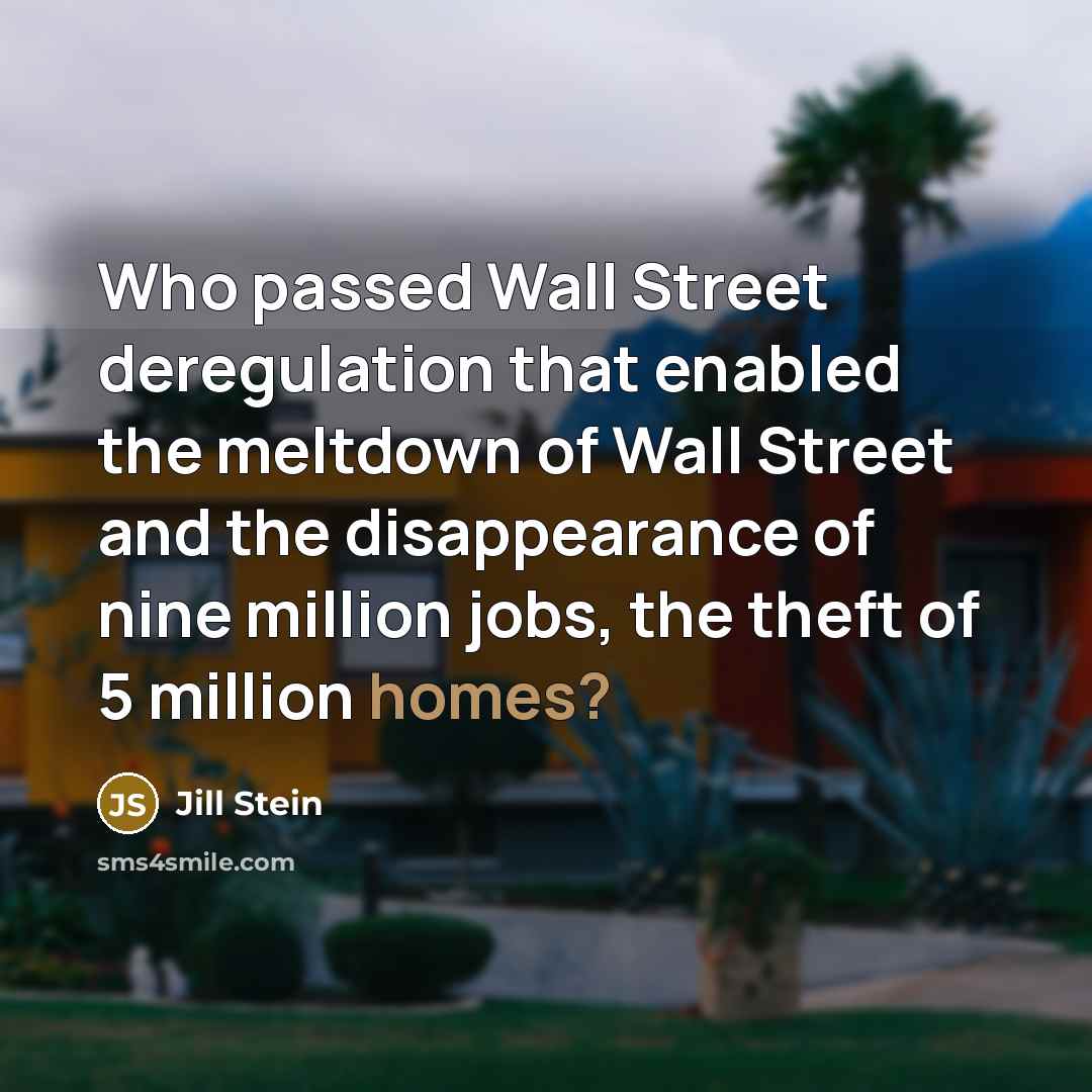 “Who passed Wall Street deregulation that enabled the meltdown of Wall Street and the disappearance of nine million jobs, the theft of 5 million homes?” quote by Jill Stein