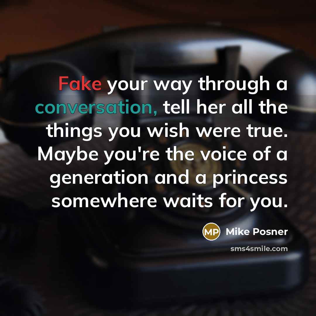 “Fake your way through a conversation, tell her all the things you wish were true. Maybe you're the voice of a generation and a princess somewhere waits for you.” quote by Mike Posner