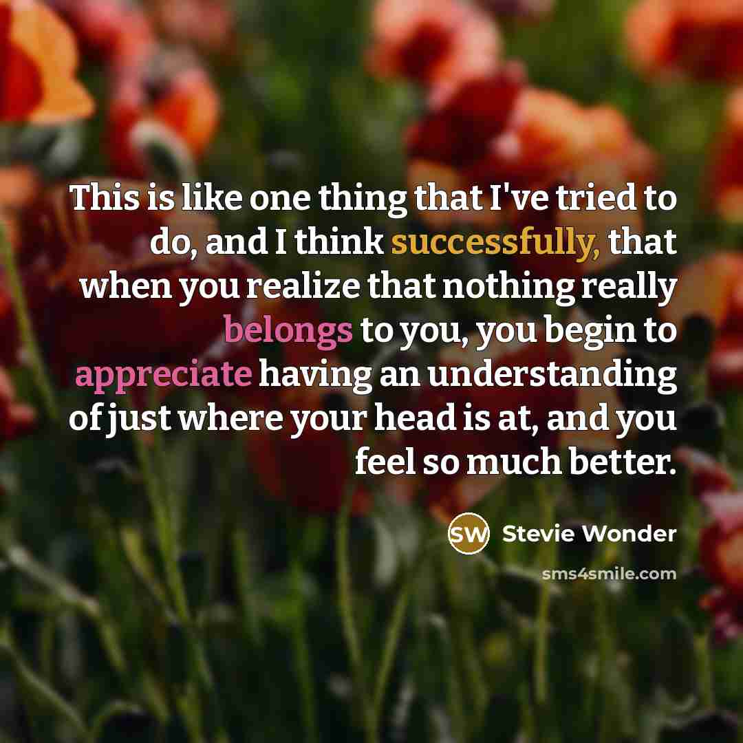“This is like one thing that I've tried to do, and I think successfully, that when you realize that nothing really belongs to you, you begin to appreciate having an understanding of just where your head is at, and you feel so much better.” quote by Stevie Wonder