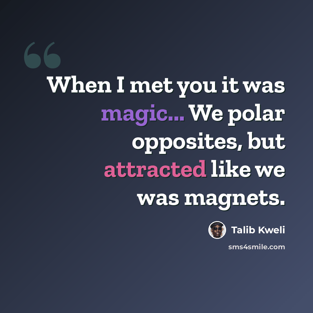 “When I met you it was magic... We polar opposites, but attracted like we was magnets.” quote by Talib Kweli