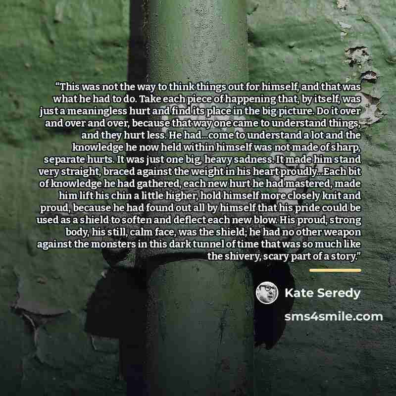 “This was not the way to think things out for himself, and that was what he had to do. Take each piece of happening that, by itself, was just a meaningless hurt and find its place in the big picture. Do it over and over and over, because that way one came to understand things, and they hurt less…” quote by Kate Seredy
