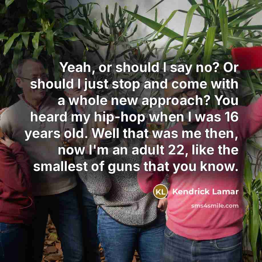 “Yeah, or should I say no? Or should I just stop and come with a whole new approach? You heard my hip-hop when I was 16 years old. Well that was me then, now I'm an adult 22, like the smallest of guns that you know.” quote by Kendrick Lamar