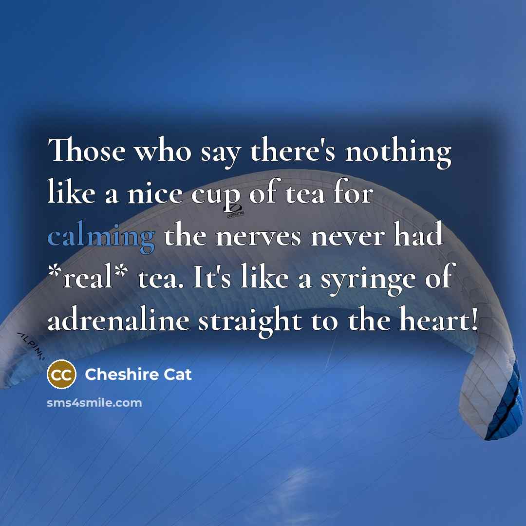 “Those who say there's nothing like a nice cup of tea for calming the nerves never had *real* tea. It's like a syringe of adrenaline straight to the heart!” quote by Cheshire Cat