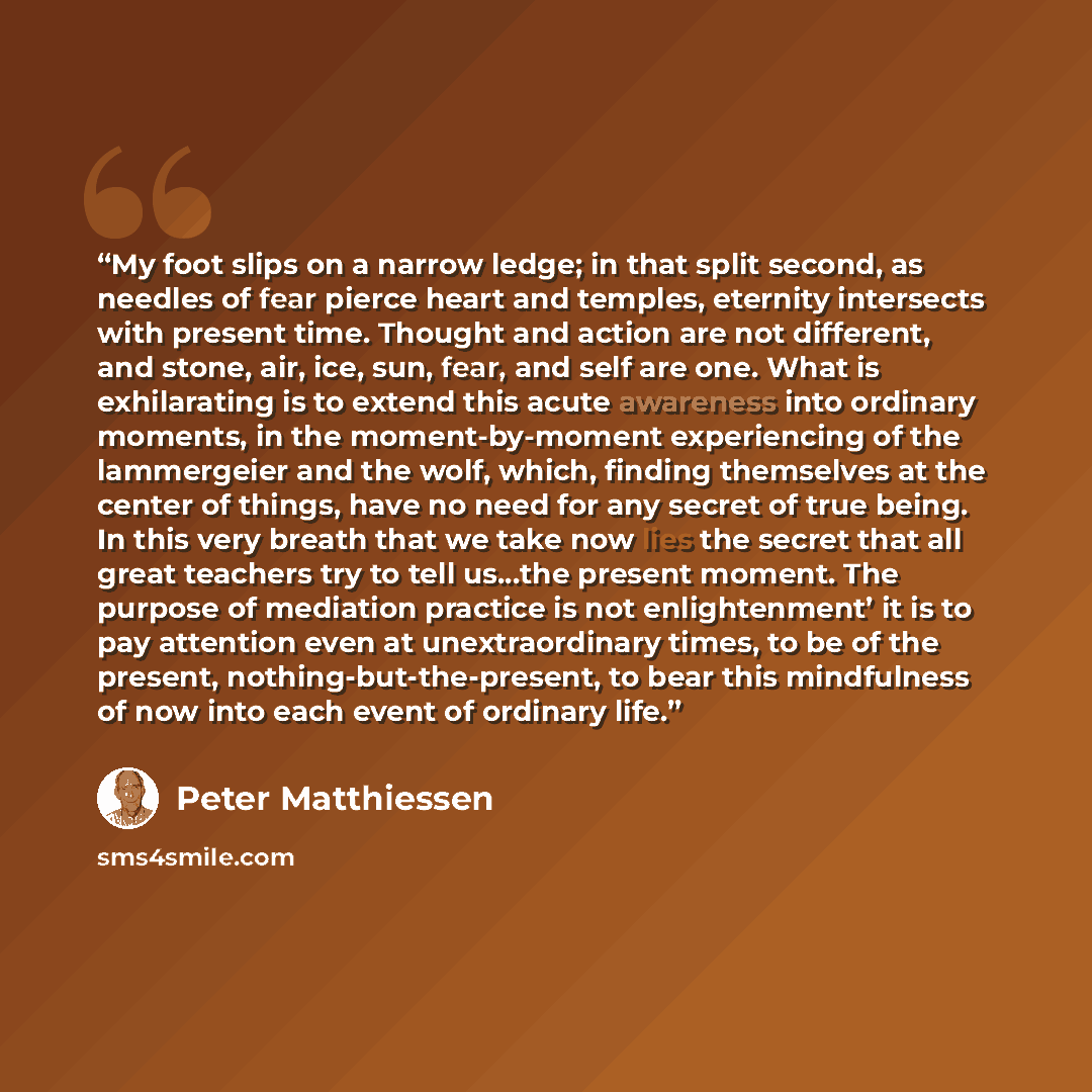 “My foot slips on a narrow ledge; in that split second, as needles of fear pierce heart and temples, eternity intersects with present time. Thought and action are not different, and stone, air, ice, sun, fear, and self are one. What is exhilarating is to extend this acute awareness into ordinary…” quote by Peter Matthiessen