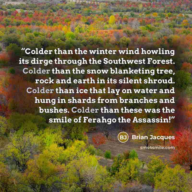 “Colder than the winter wind howling its dirge through the Southwest Forest. Colder than the snow blanketing tree, rock and earth in its silent shroud. Colder than ice that lay on water and hung in shards from branches and bushes. Colder than these was the smile of Ferahgo the Assassin!” quote by Brian Jacques