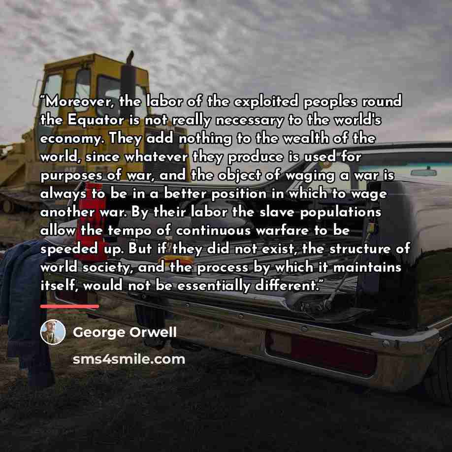 “Moreover, the labor of the exploited peoples round the Equator is not really necessary to the world's economy. They add nothing to the wealth of the world, since whatever they produce is used for purposes of war, and the object of waging a war is always to be in a better position in which to wage…” quote by George Orwell