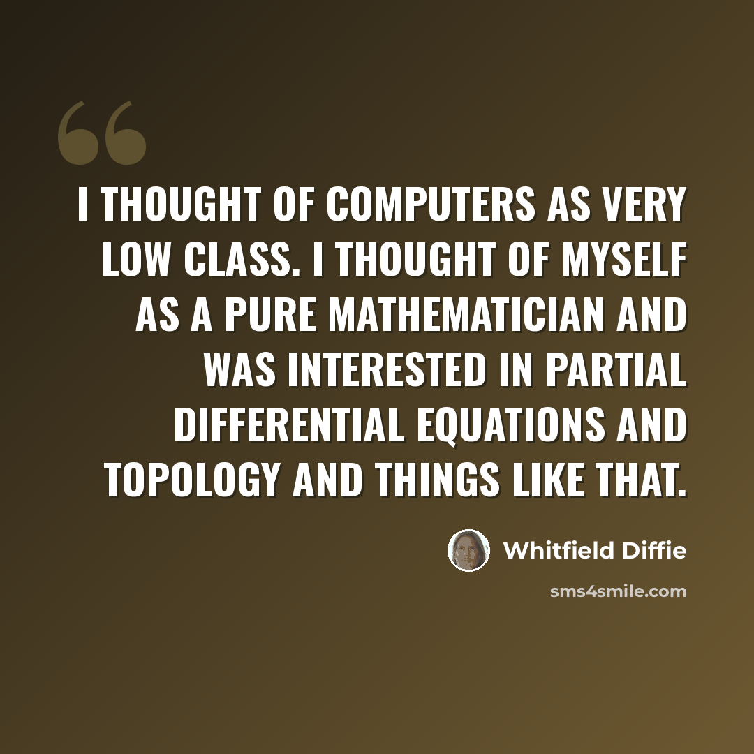 “I thought of computers as very low class. I thought of myself as a pure mathematician and was interested in partial differential equations and topology and things like that.” quote by Whitfield Diffie