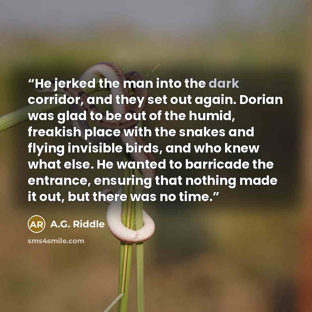 “He jerked the man into the dark corridor, and they set out again. Dorian was glad to be out of the humid, freakish place with the snakes and flying invisible birds, and who knew what else. He wanted to barricade the entrance, ensuring that nothing made it out, but there was no time.” quote by A.G. Riddle