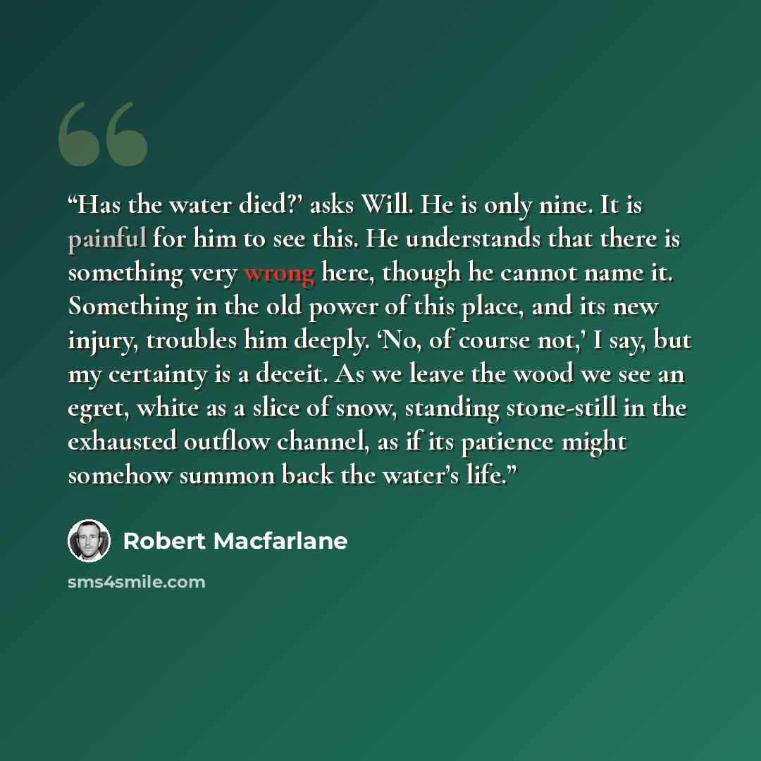 “Has the water died?’ asks Will. He is only nine. It is painful for him to see this. He understands that there is something very wrong here, though he cannot name it. Something in the old power of this place, and its new injury, troubles him deeply. ‘No, of course not,’ I say, but my certainty is a…” quote by Robert Macfarlane