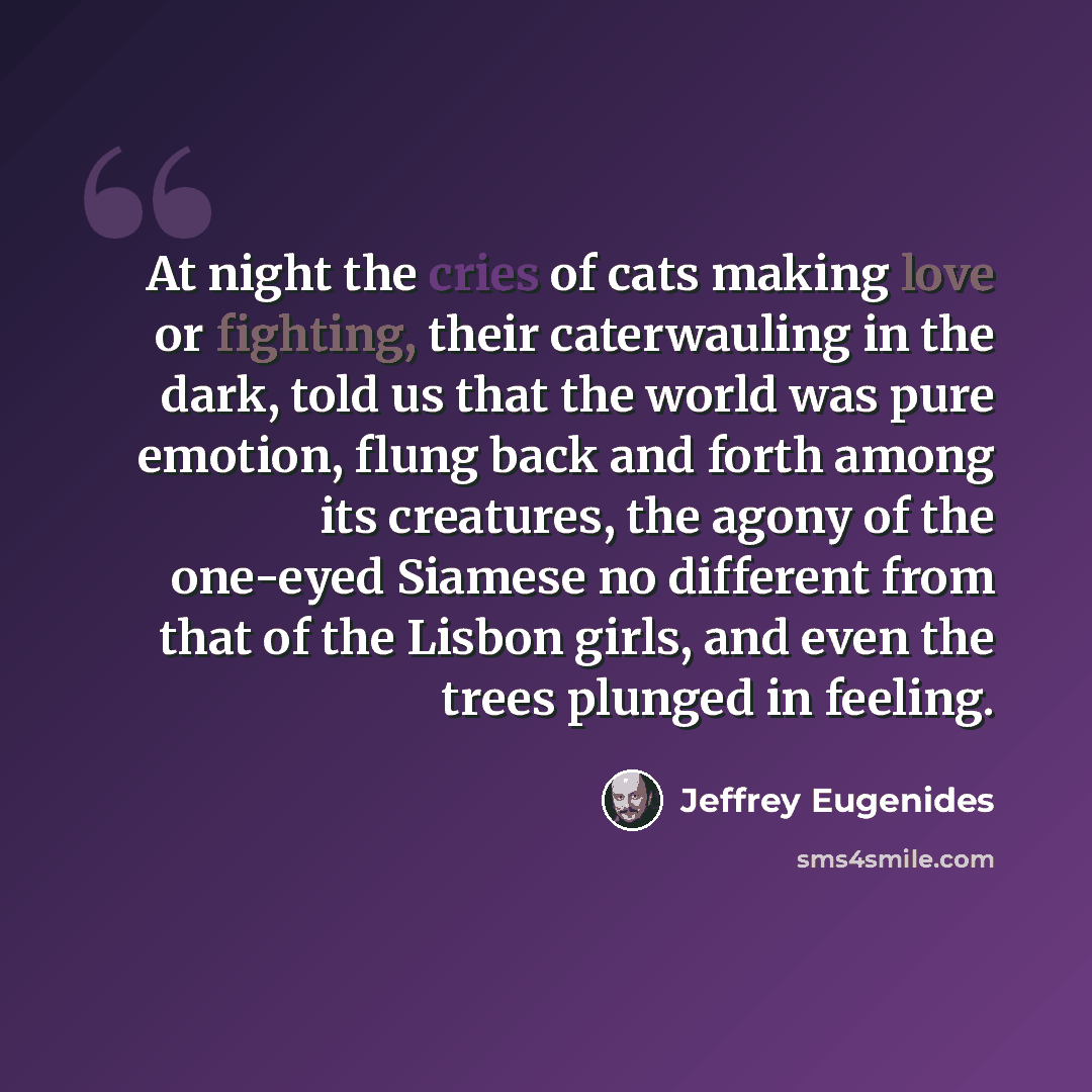 “At night the cries of cats making love or fighting, their caterwauling in the dark, told us that the world was pure emotion, flung back and forth among its creatures, the agony of the one-eyed Siamese no different from that of the Lisbon girls, and even the trees plunged in feeling.” quote by Jeffrey Eugenides