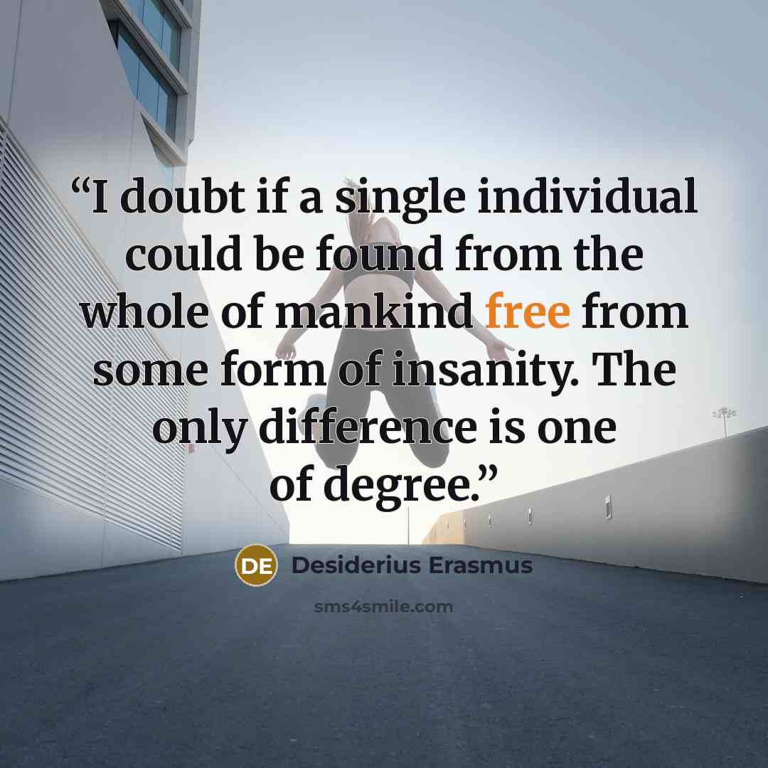 “I doubt if a single individual could be found from the whole of mankind free from some form of insanity. The only difference is one of degree.” quote by Desiderius Erasmus