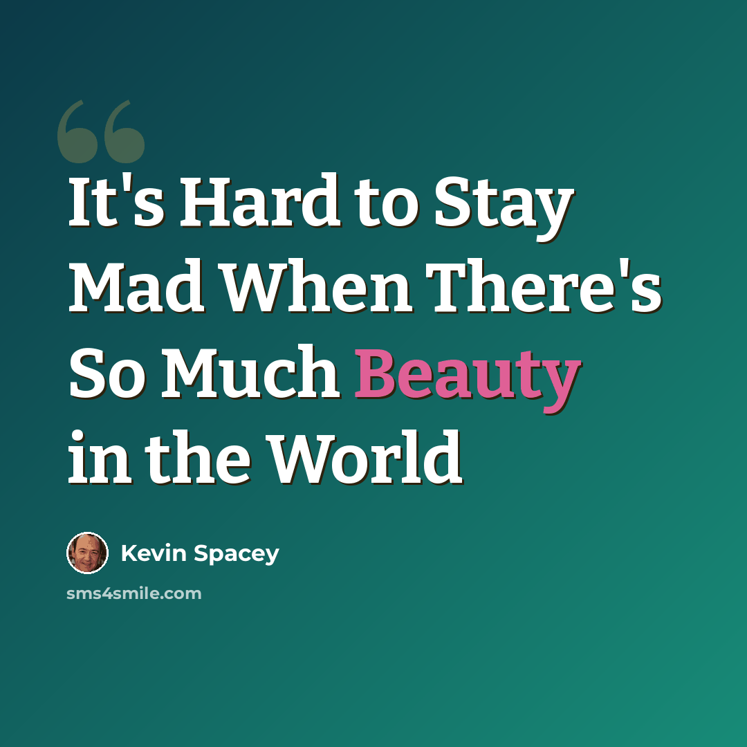 “It's Hard to Stay Mad When There's So Much Beauty in the World” quote by Kevin Spacey