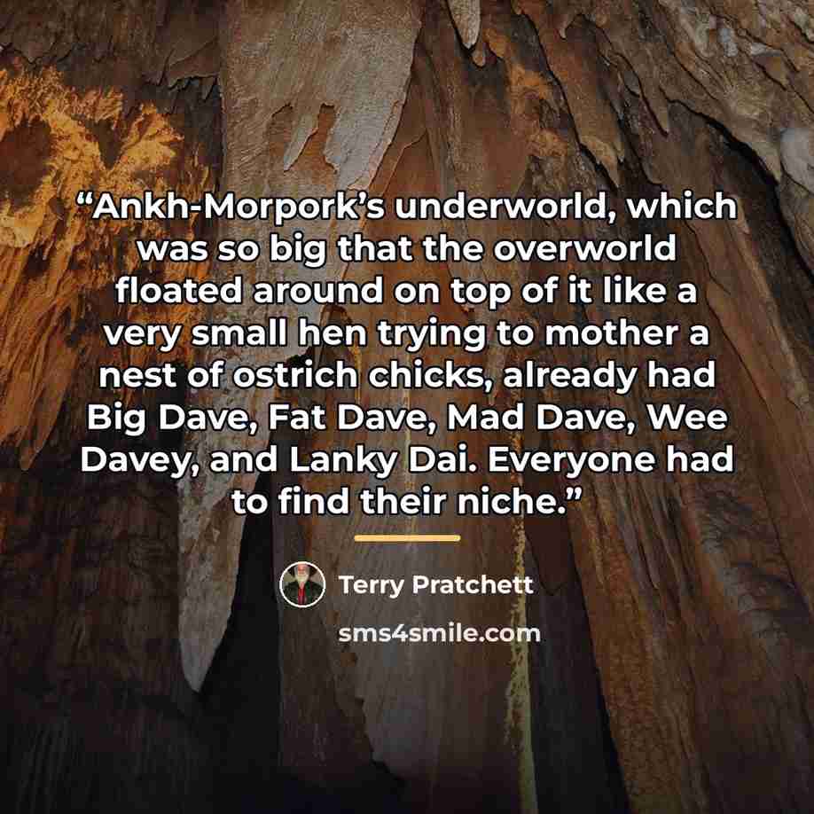 “Ankh-Morpork’s underworld, which was so big that the overworld floated around on top of it like a very small hen trying to mother a nest of ostrich chicks, already had Big Dave, Fat Dave, Mad Dave, Wee Davey, and Lanky Dai. Everyone had to find their niche.” quote by Terry Pratchett