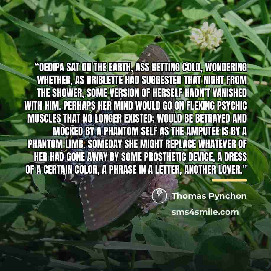 “Oedipa sat on the earth, ass getting cold, wondering whether, as Driblette had suggested that night from the shower, some version of herself hadn’t vanished with him. Perhaps her mind would go on flexing psychic muscles that no longer existed; would be betrayed and mocked by a phantom self as the…” quote by Thomas Pynchon