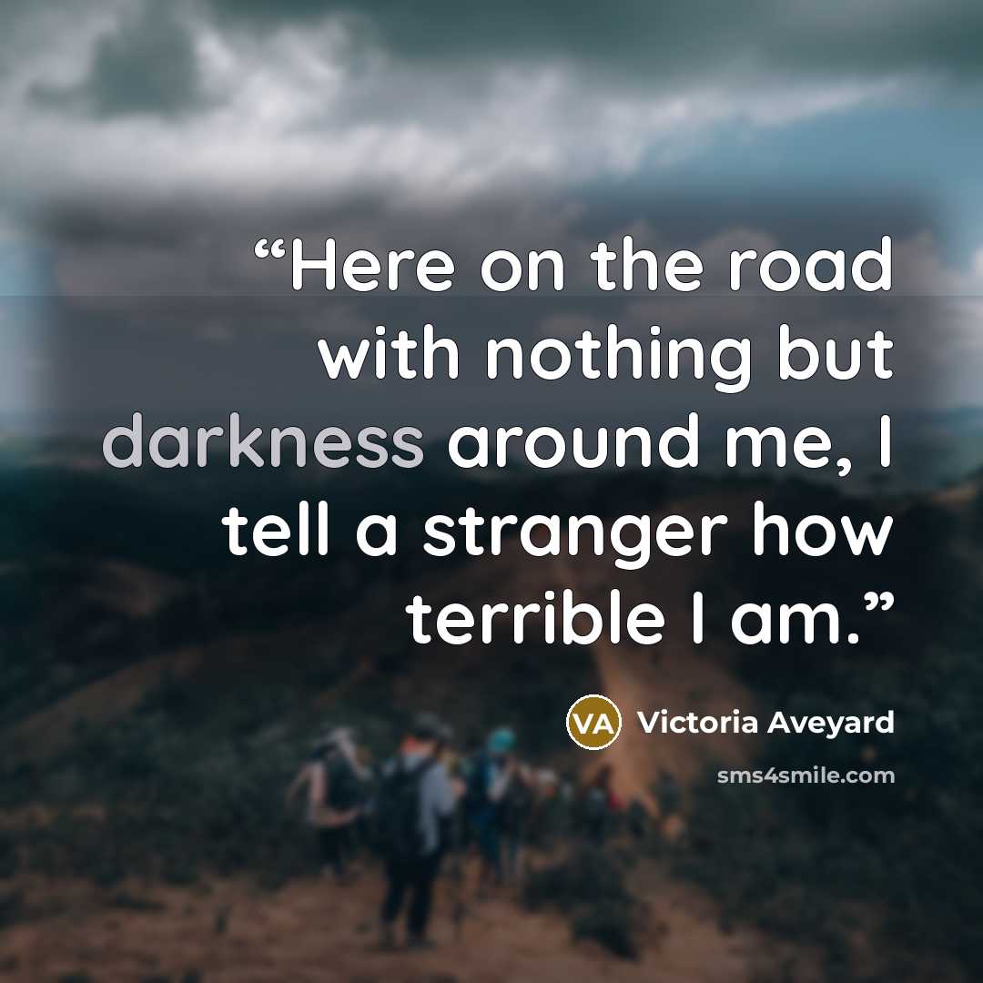 “Here on the road with nothing but darkness around me, I tell a stranger how terrible I am.” quote by Victoria Aveyard