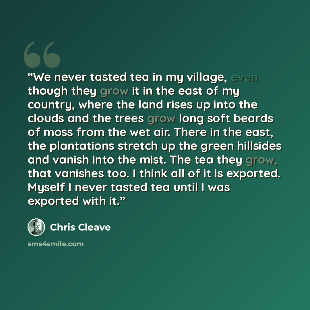 “We never tasted tea in my village, even though they grow it in the east of my country, where the land rises up into the clouds and the trees grow long soft beards of moss from the wet air. There in the east, the plantations stretch up the green hillsides and vanish into the mist. The tea they…” quote by Chris Cleave