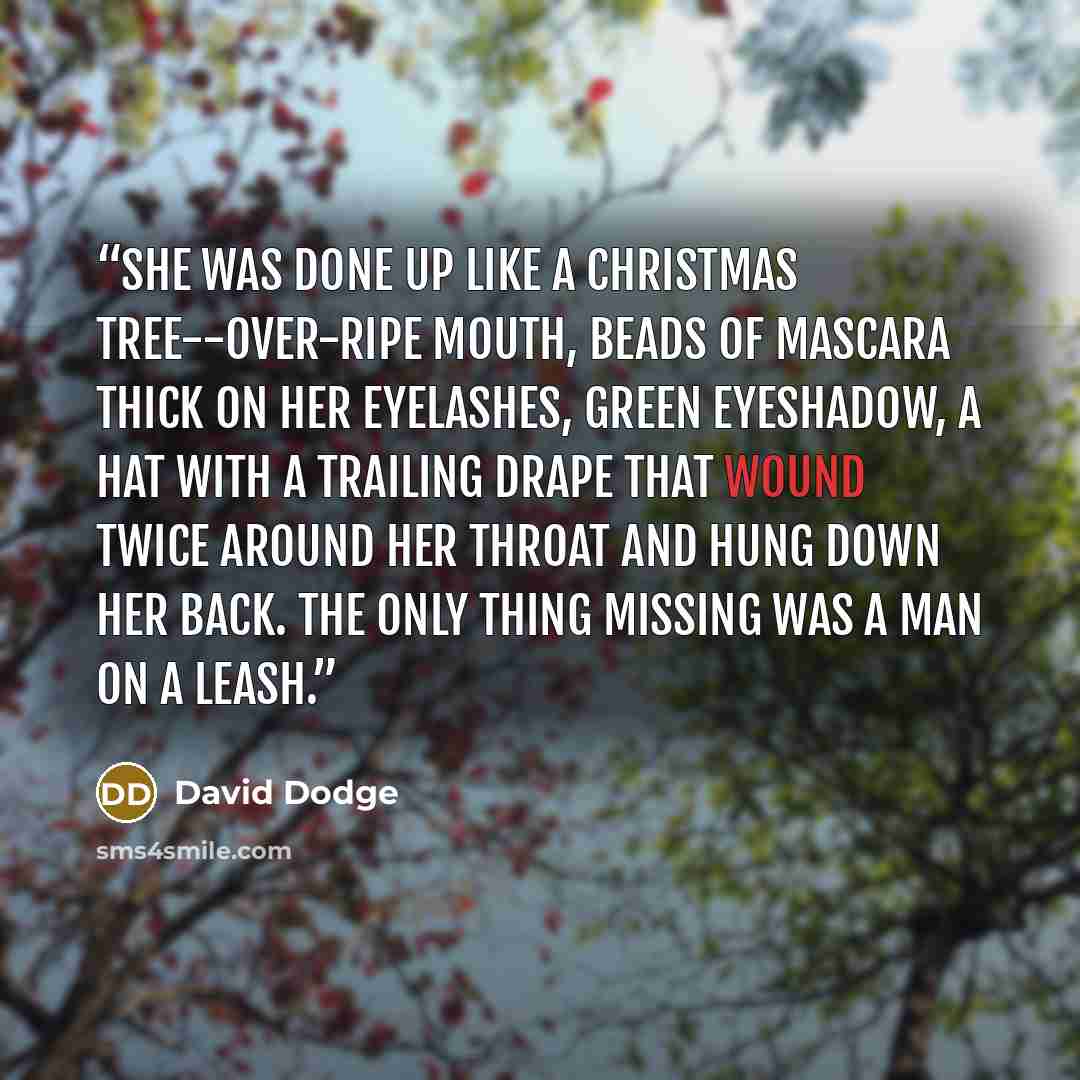 “She was done up like a Christmas tree--over-ripe mouth, beads of mascara thick on her eyelashes, green eyeshadow, a hat with a trailing drape that wound twice around her throat and hung down her back. The only thing missing was a man on a leash.” quote by David Dodge