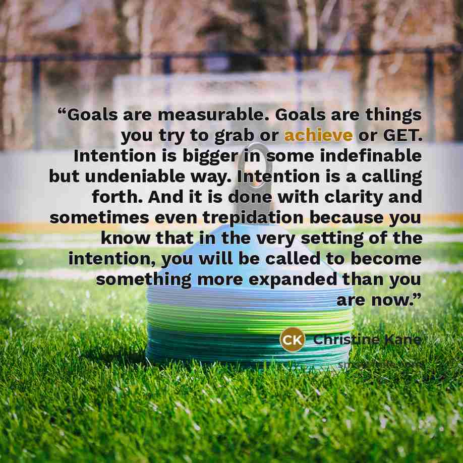 “Goals are measurable. Goals are things you try to grab or achieve or GET. Intention is bigger in some indefinable but undeniable way. Intention is a calling forth. And it is done with clarity and sometimes even trepidation because you know that in the very setting of the intention, you will be…” quote by Christine Kane