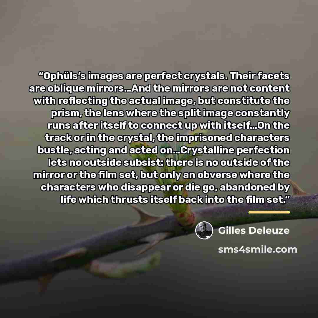 “Ophüls’s images are perfect crystals. Their facets are oblique mirrors…And the mirrors are not content with reflecting the actual image, but constitute the prism, the lens where the split image constantly runs after itself to connect up with itself…On the track or in the crystal, the imprisoned…” quote by Gilles Deleuze