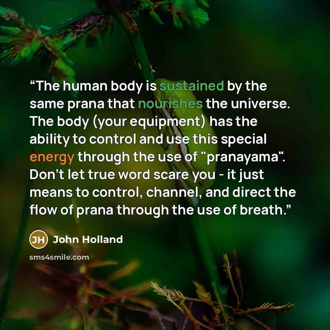 “The human body is sustained by the same prana that nourishes the universe. The body (your equipment) has the ability to control and use this special energy through the use of "pranayama". Don't let true word scare you - it just means to control, channel, and direct the flow of prana through the…” quote by John Holland