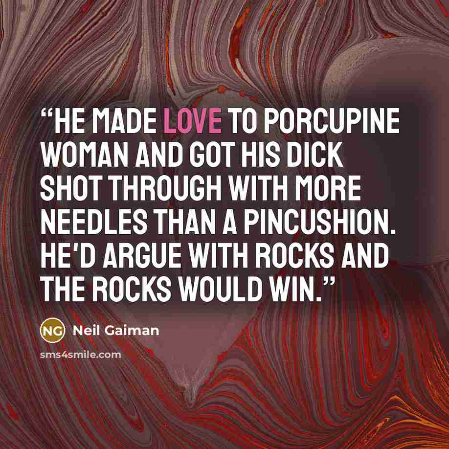 “He made love to Porcupine Woman and got his dick shot through with more needles than a pincushion. He'd argue with rocks and the rocks would win.” quote by Neil Gaiman