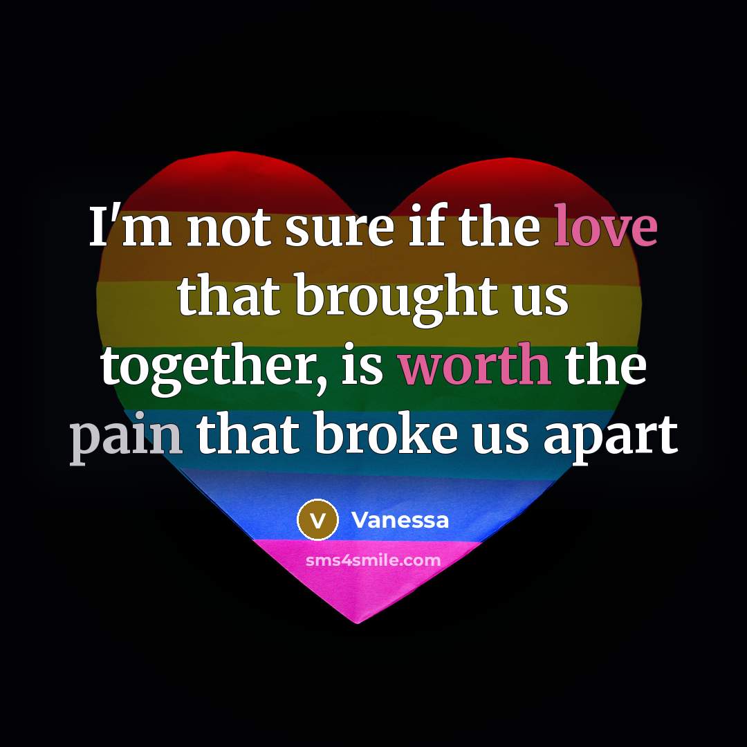 “I'm not sure if the love that brought us together, is worth the pain that broke us apart” quote by Vanessa