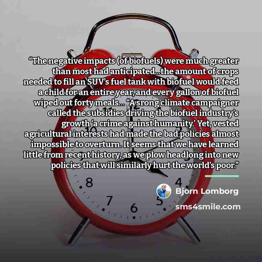 “The negative impacts (of biofuels) were much greater than most had anticipated...the amount of crops needed to fill an SUV’s fuel tank with biofuel would feed a child for an entire year, and every gallon of biofuel wiped out forty meals… “A srong climate campaigner called the subsidies driving the…” quote by Bjorn Lomborg