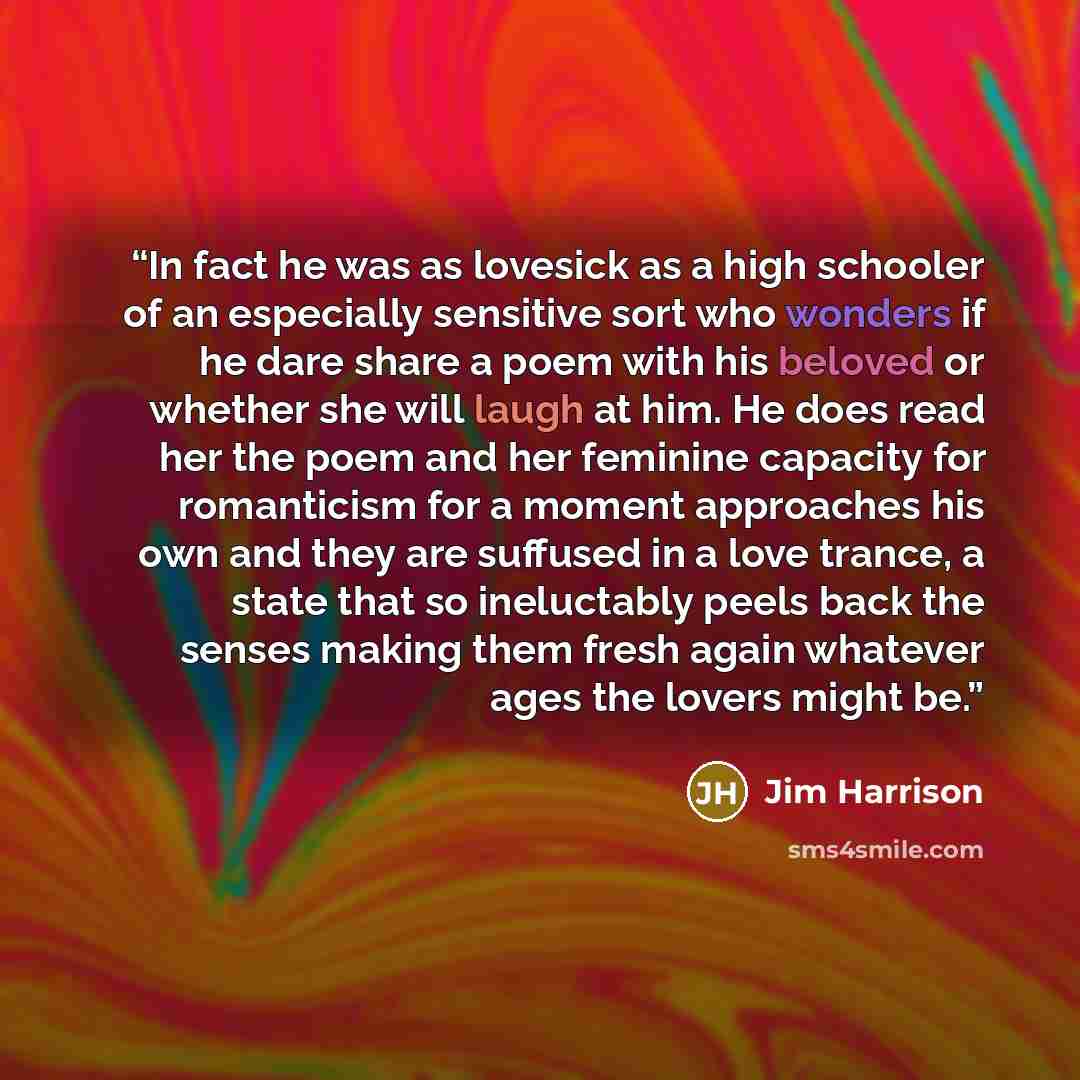 “In fact he was as lovesick as a high schooler of an especially sensitive sort who wonders if he dare share a poem with his beloved or whether she will laugh at him. He does read her the poem and her feminine capacity for romanticism for a moment approaches his own and they are suffused in a love…” quote by Jim Harrison