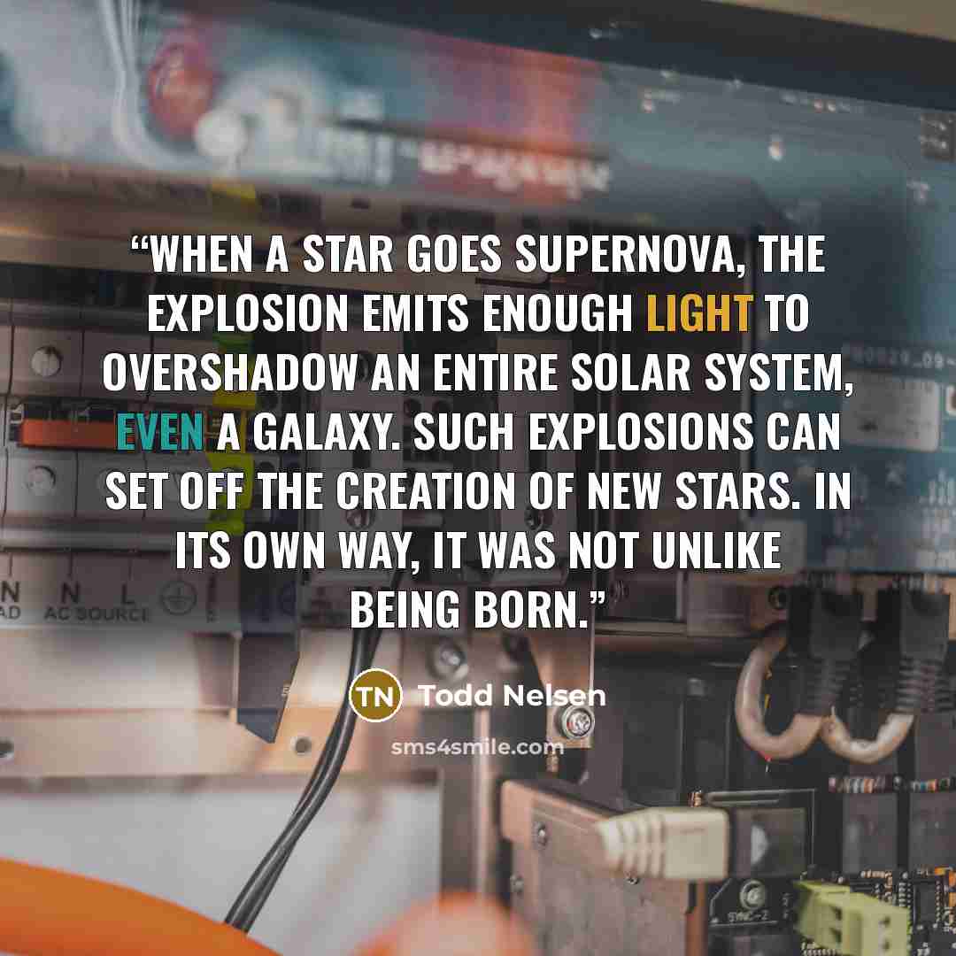“When a star goes supernova, the explosion emits enough light to overshadow an entire solar system, even a galaxy. Such explosions can set off the creation of new stars. In its own way, it was not unlike being born.” quote by Todd Nelsen