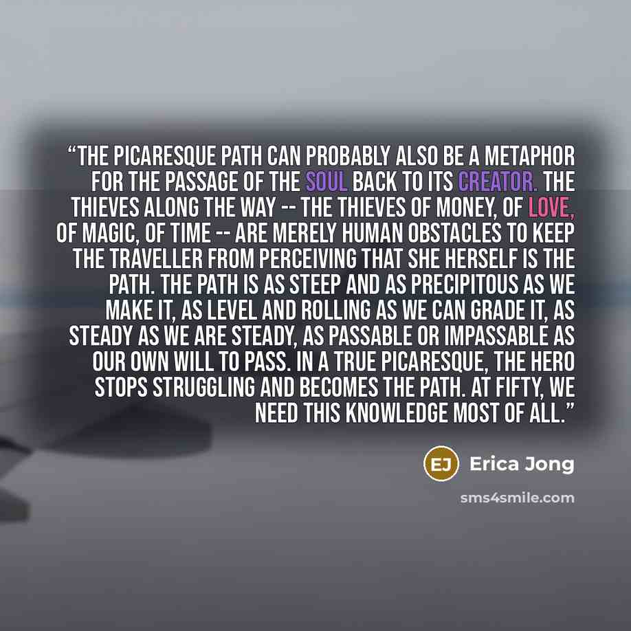“The picaresque path can probably also be a metaphor for the passage of the soul back to its creator. The thieves along the way -- the thieves of money, of love, of magic, of time -- are merely human obstacles to keep the traveller from perceiving that she herself is the path. The path is as steep…” quote by Erica Jong