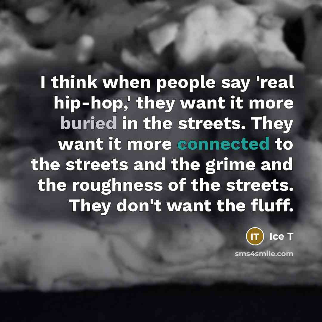 “I think when people say 'real hip-hop,' they want it more buried in the streets. They want it more connected to the streets and the grime and the roughness of the streets. They don't want the fluff.” quote by Ice T